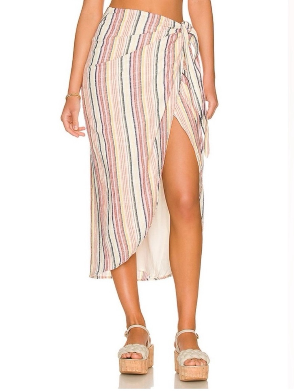Free People Aubrey Sarong Wrap Midi Skirt Striped Tie Side Slit Boho Size 2